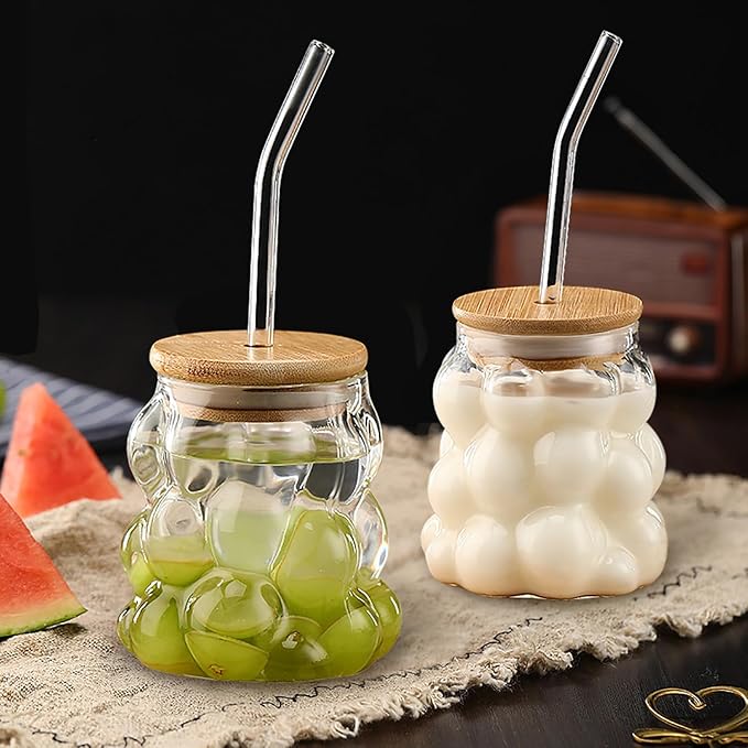 Bubble Glass Cup with Bamboo Lid & Straw