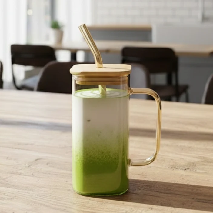 Square Glass Tumbler & Straw with Wooden Airtight Lid